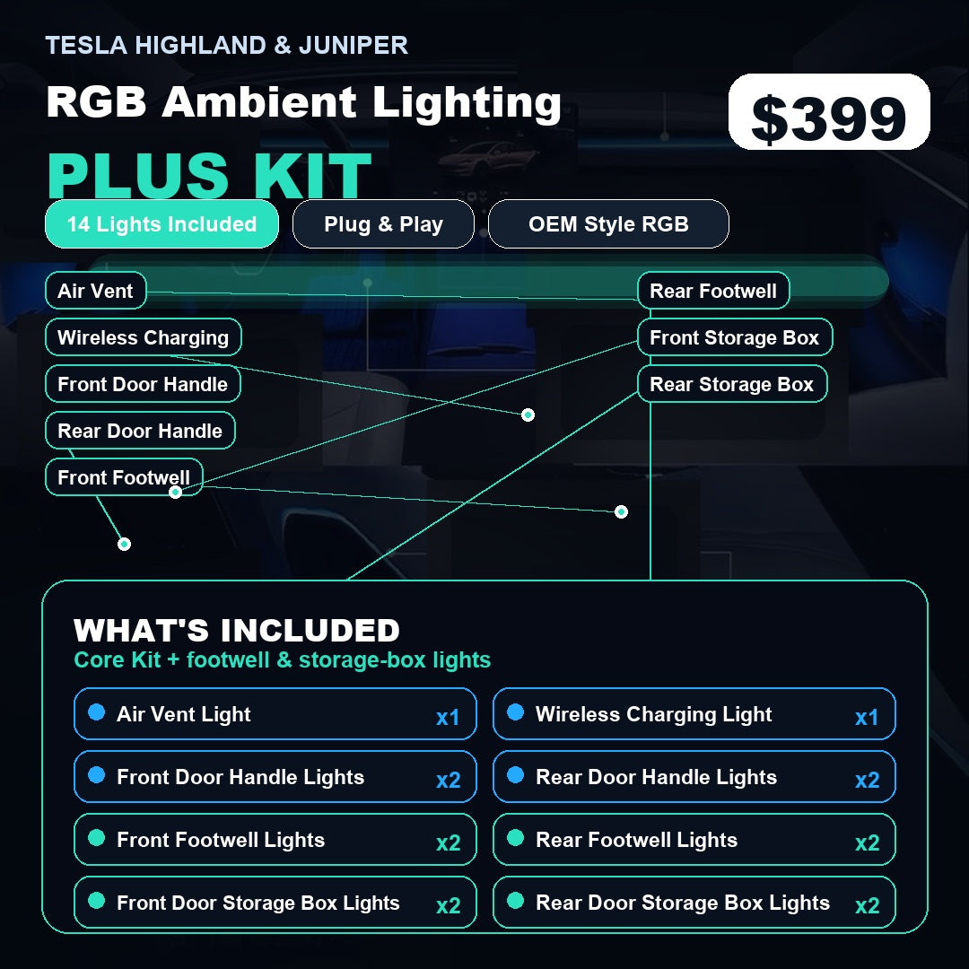 Tesla Highland & Juniper Ambient Lighting Kit with 14 LED lights for enhanced interior atmosphere