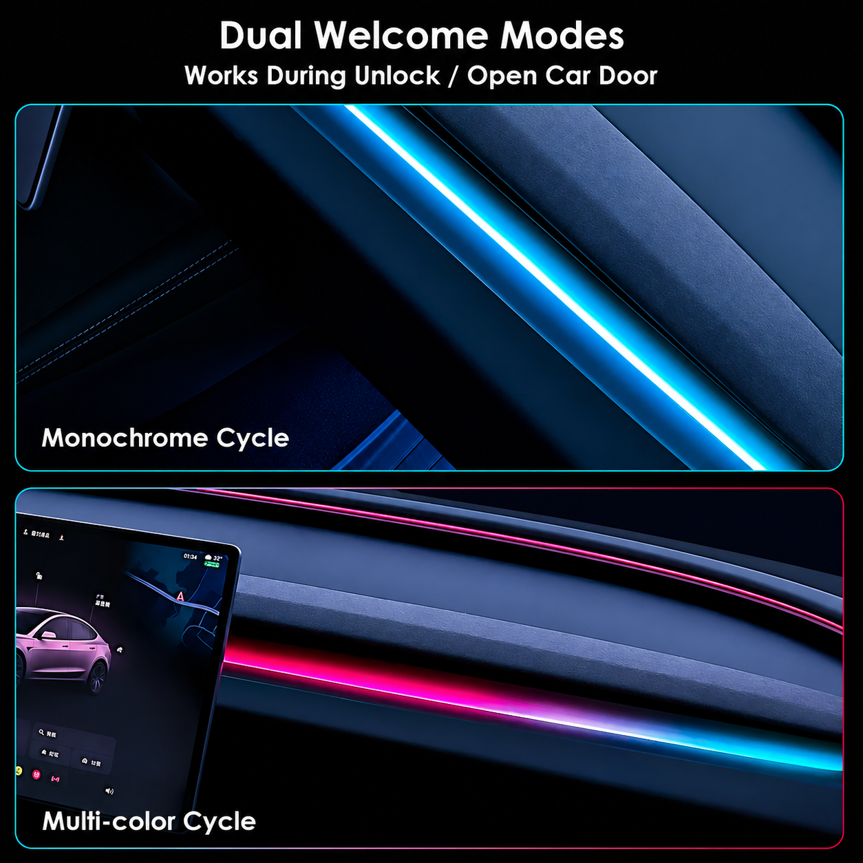 Tesla Highland & Juniper Ambient Lighting Kit showcasing dual welcome modes with monochrome and multi-color cycles