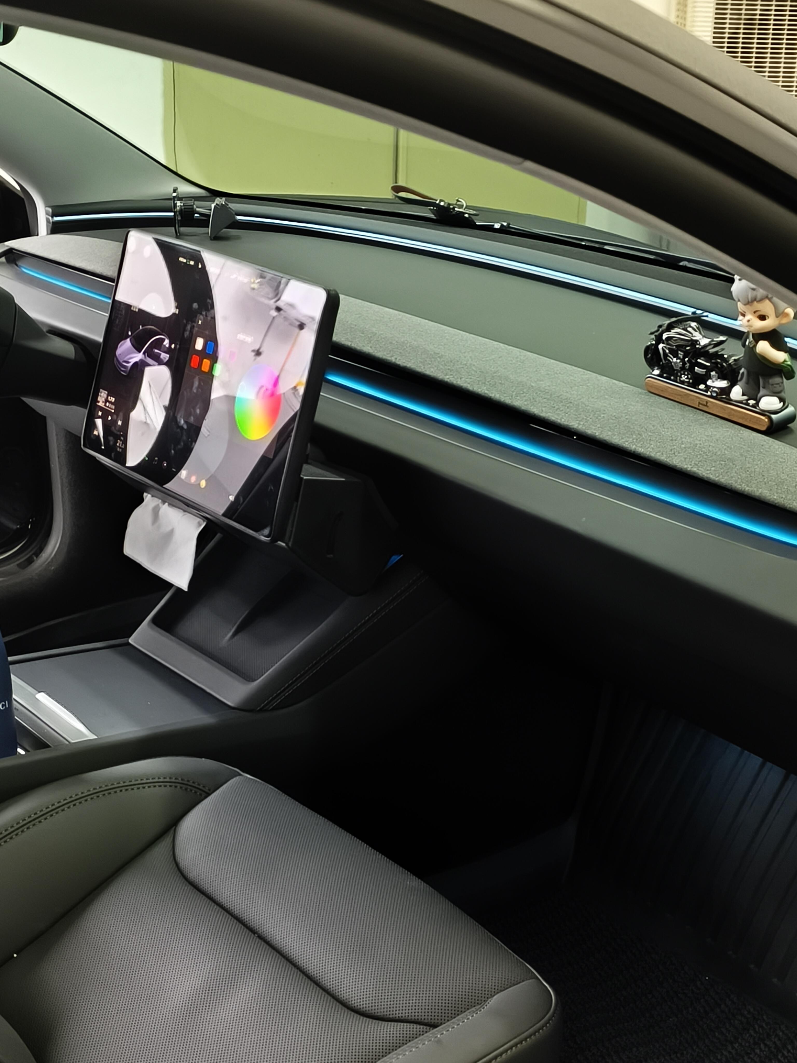 Tesla Highland & Juniper Ambient Lighting Kit illuminated in a sleek interior view of a Tesla car