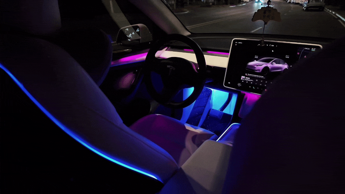 Tesla Model 3 interior with blue and purple Tesla Model 3 Model Y ambient lighting kit illumination by LightingBugTech