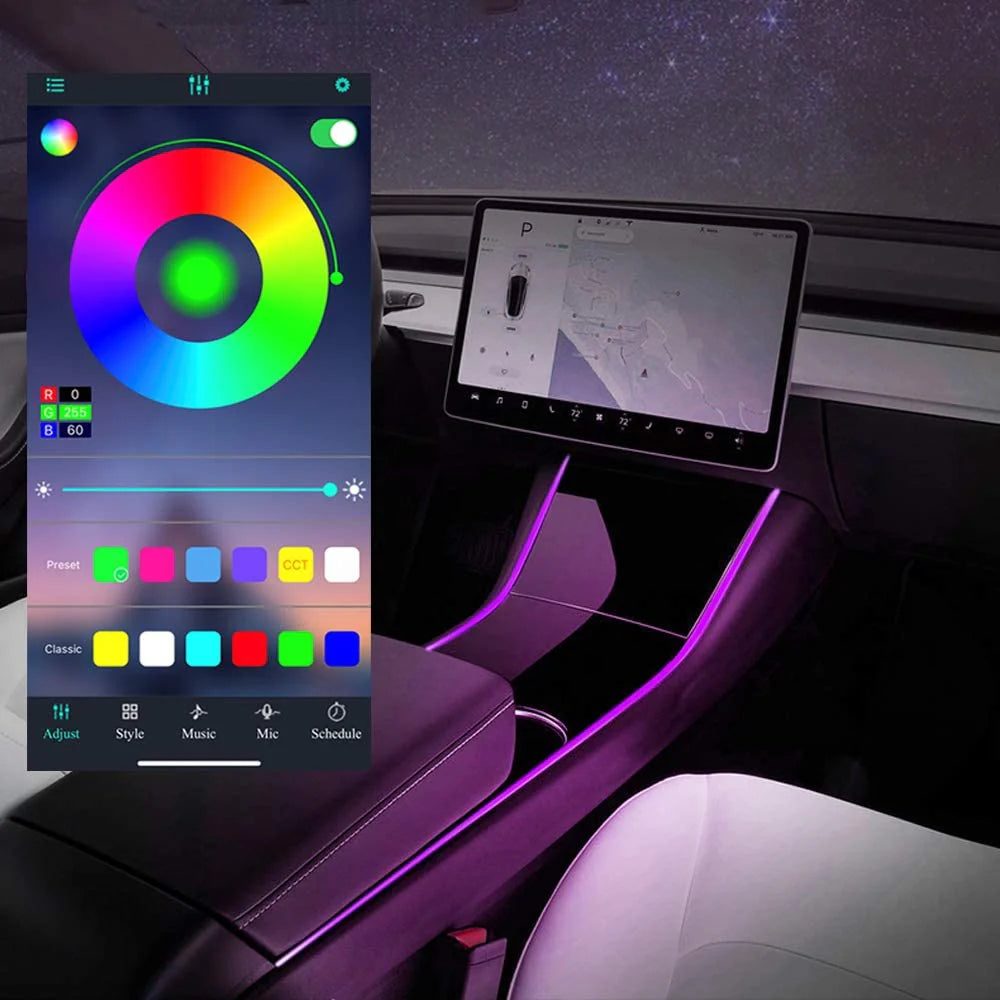 Tesla Model 3 Model Y Armrest Light ambient lighting mobile app color control by Lighting Bug