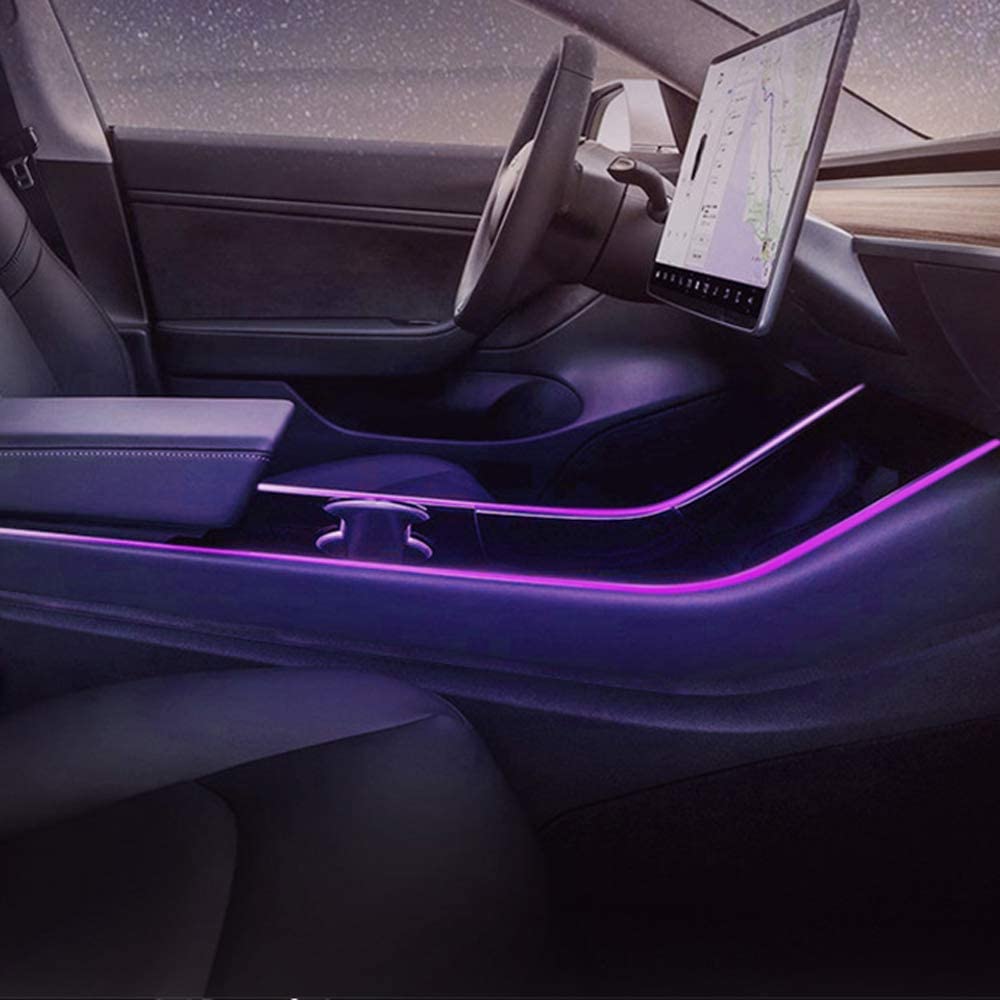 Tesla Model 3 Model Y Armrest Light ambient lighting showing purple glow inside car interior