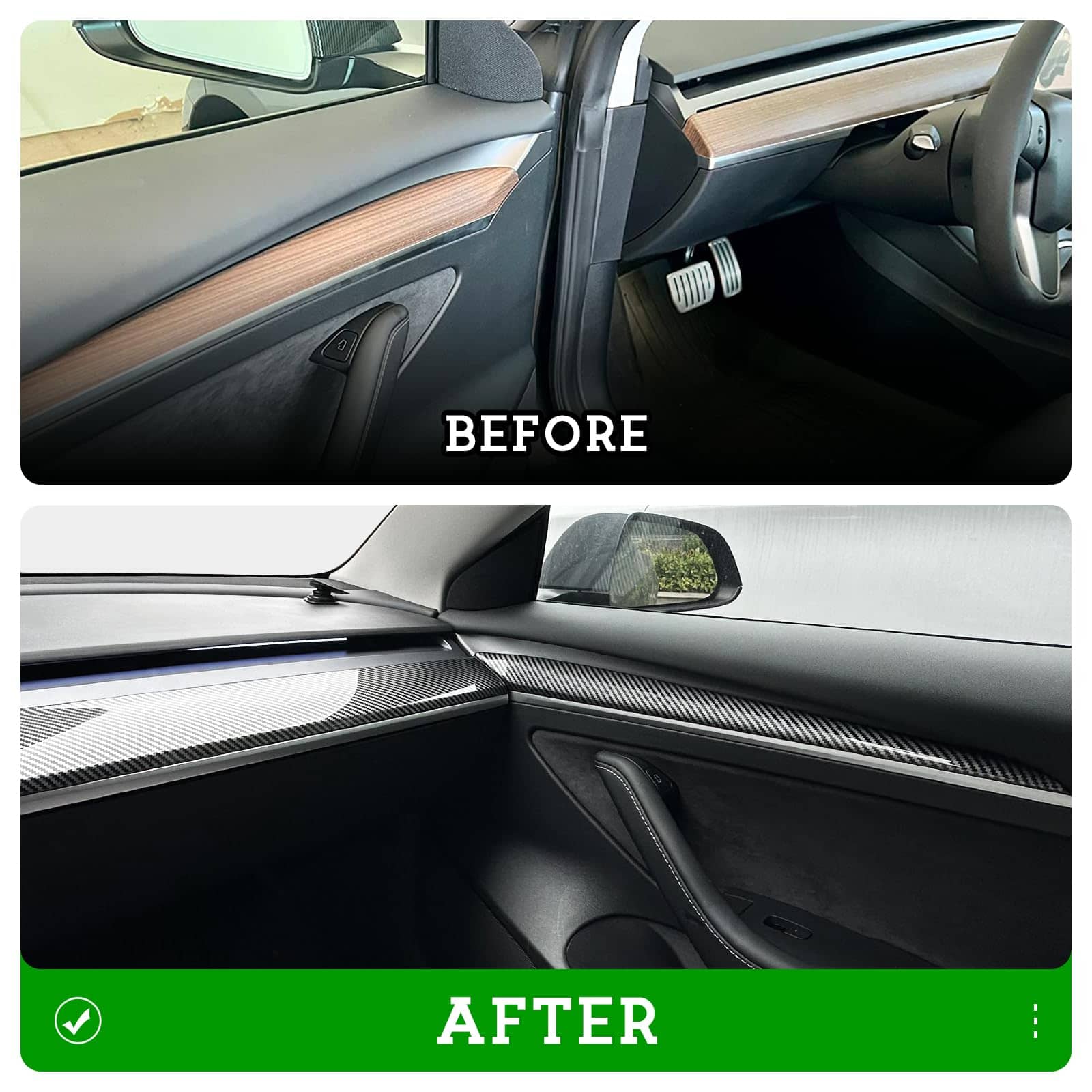 Tesla Model 3 & Model Y Carbon Fiber Interior Trim Kit – Dashboard & Center Console Cover Upgrade (2019–2026) before and after