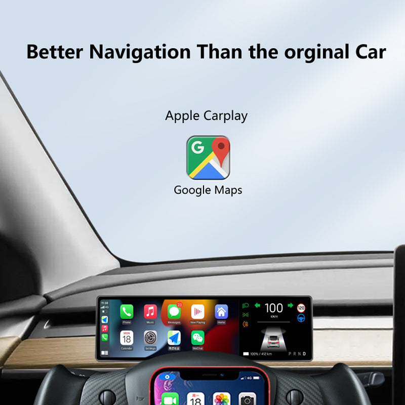 Tesla Model Y Model 3 showing Apple CarPlay apps and Google Maps navigation