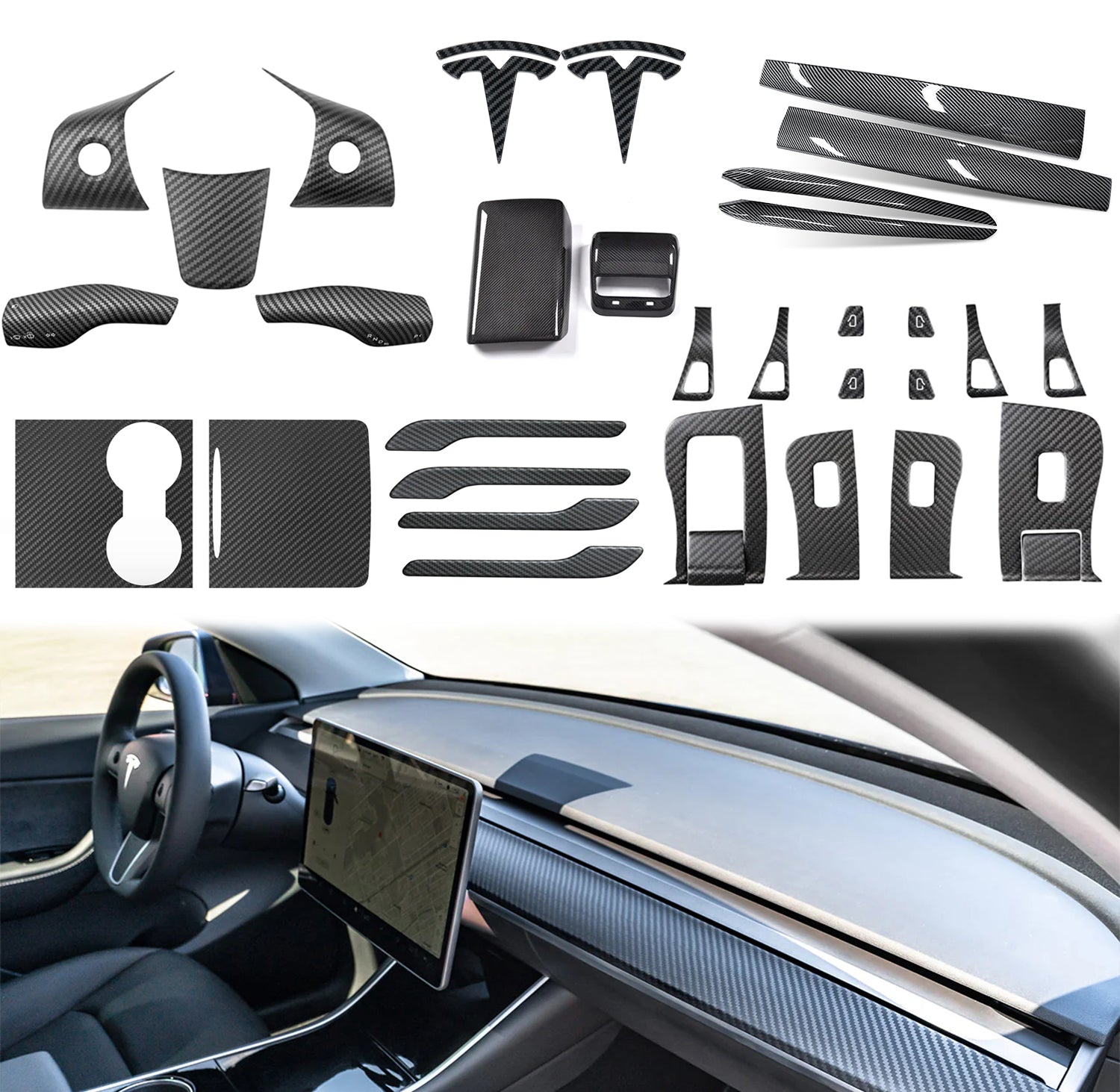Complete Carbon Fiber Interior Trim Kit for Tesla Model 3 by LightingBugTech with Custom Fit Pieces